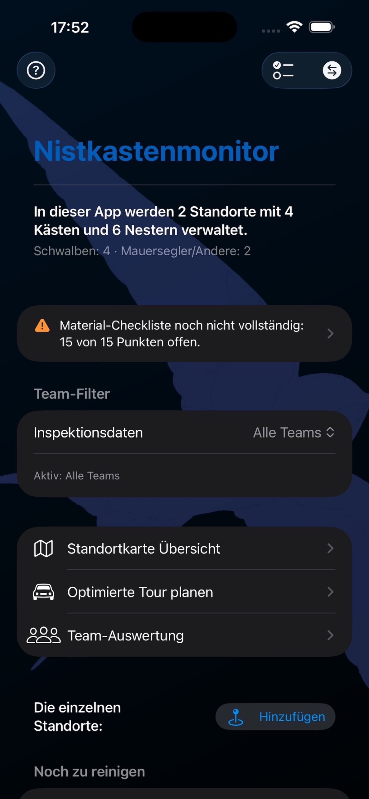Start&uuml;bersicht des Nistkasten-Monitors auf dem iPhone