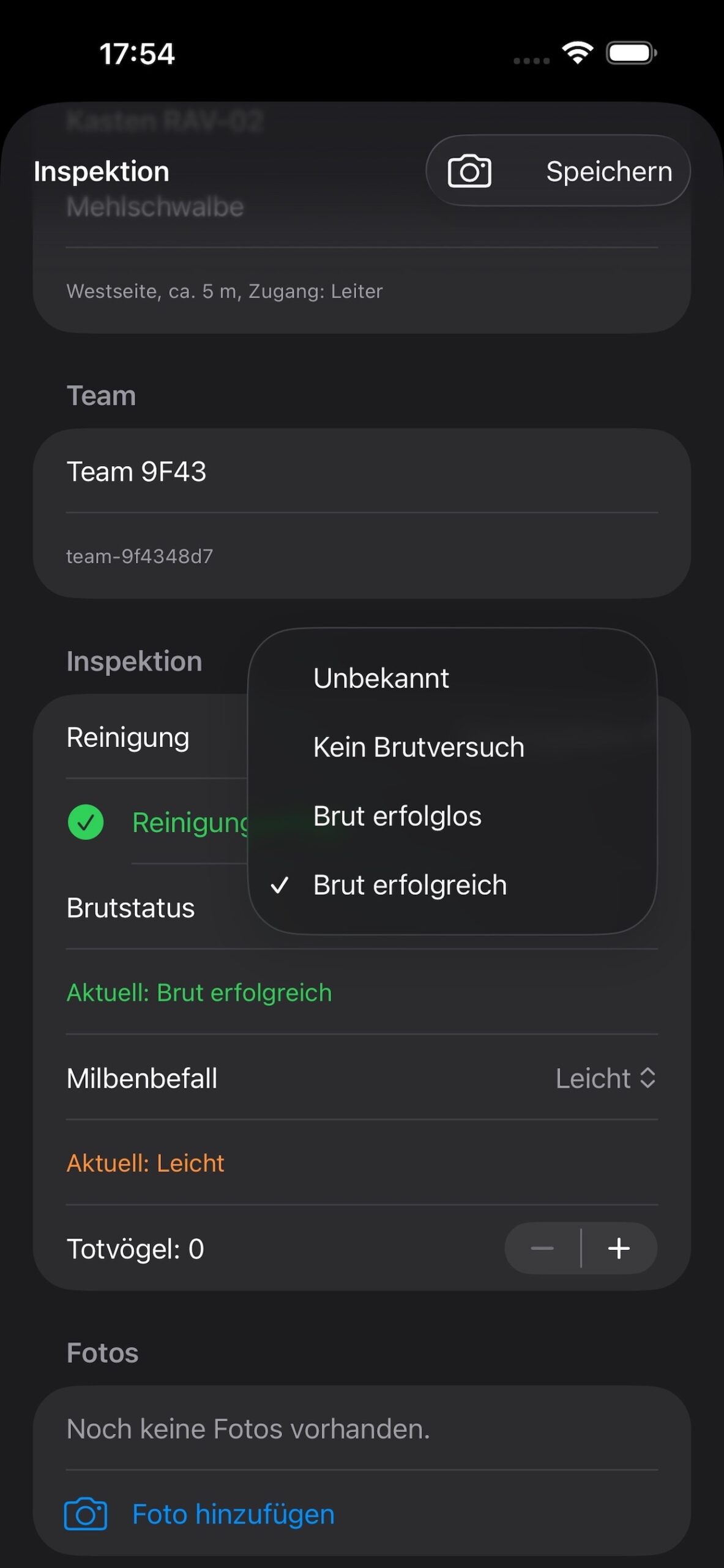 Erfassung einer Nistkastenkontrolle auf dem iPhone